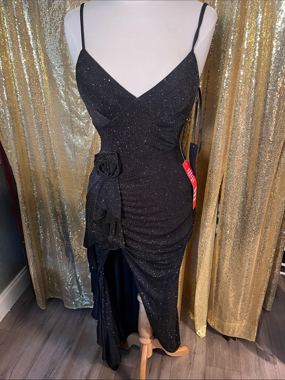 City Triangles Black Sparkle High-Low Ruched Spaghetti-Strap Dress